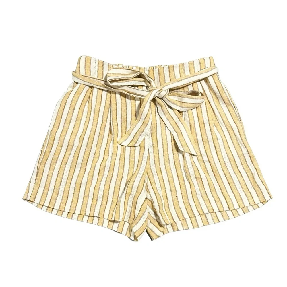 Drew Mustard Ivory Stripe Linen Blend Belted Tie Waist High Rise Shorts S NWT - Picture 2 of 7